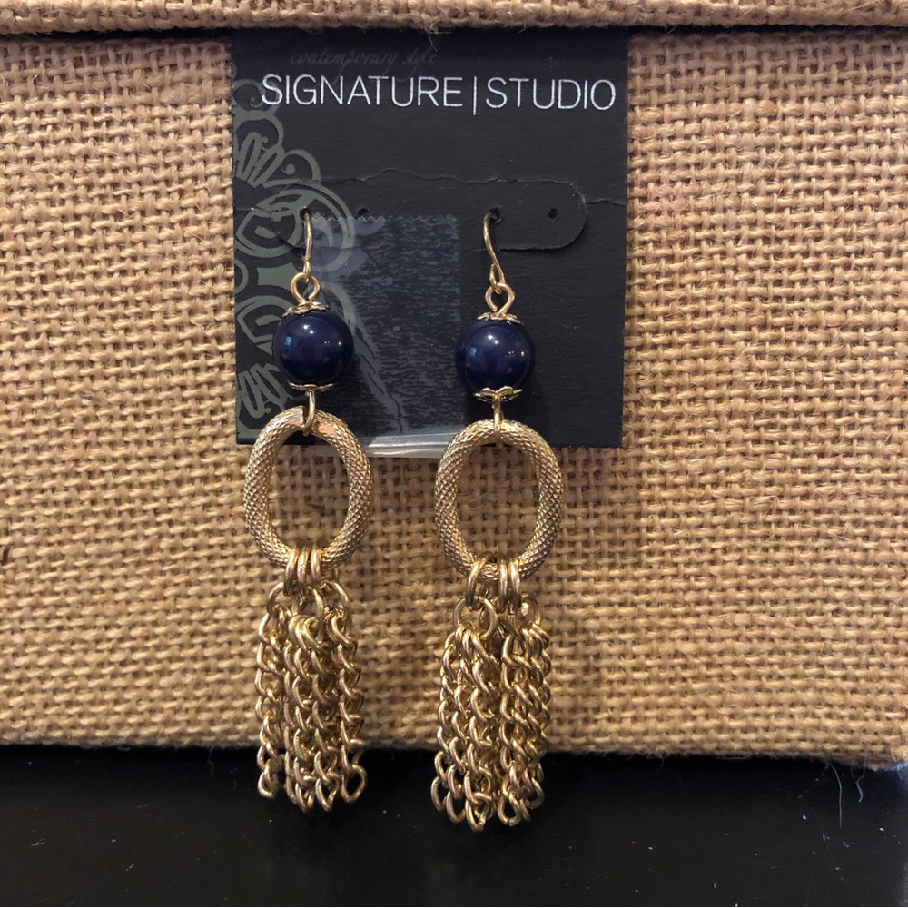 NWT Signature Studio Earrings - gold tone chain with navy blue round bead